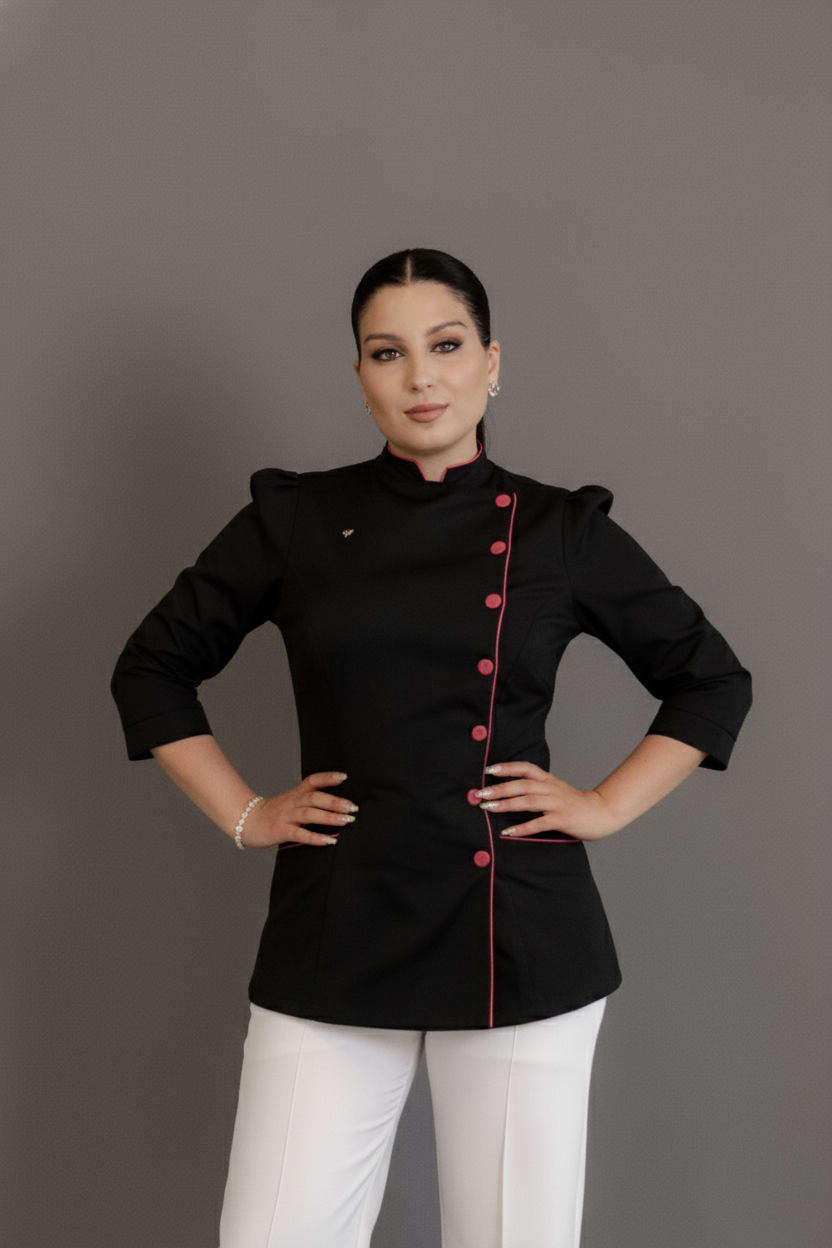 Dólmã Clara – Dólmã Feminina para Chef com Botões Contrastantes