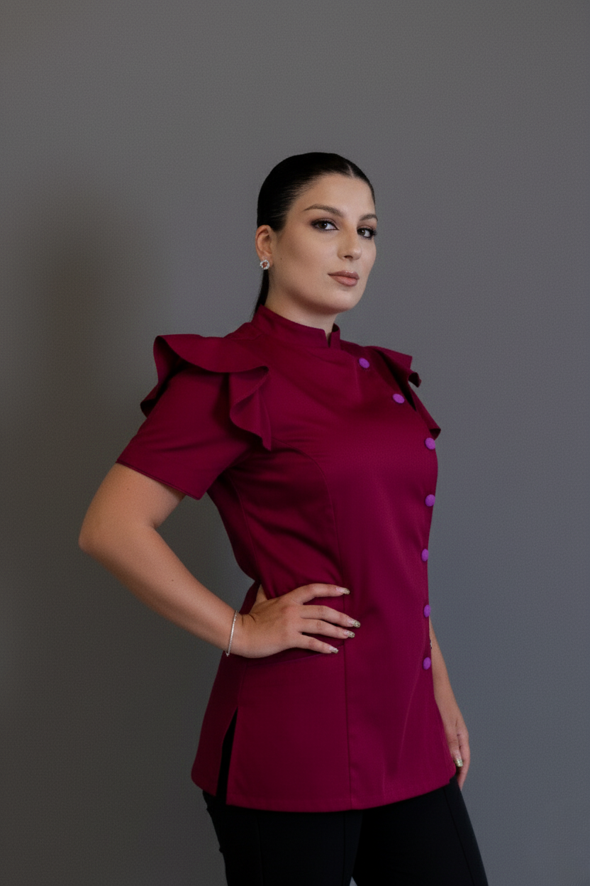 Dólmã Maysa – Dólmã Feminina com Babados e Botões Contrastantes