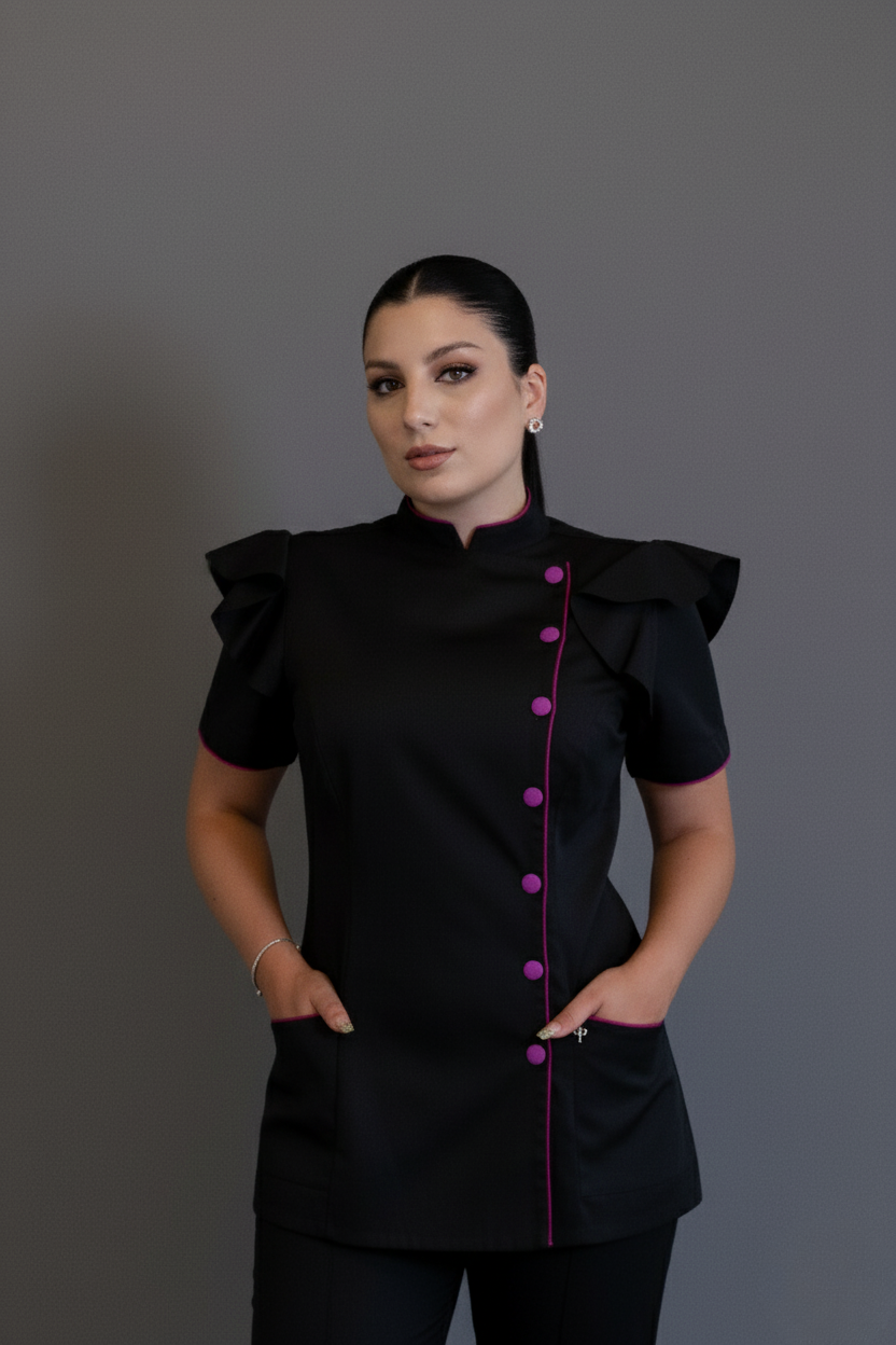 Dólmã Maysa – Dólmã Feminina com Babados e Botões Contrastantes