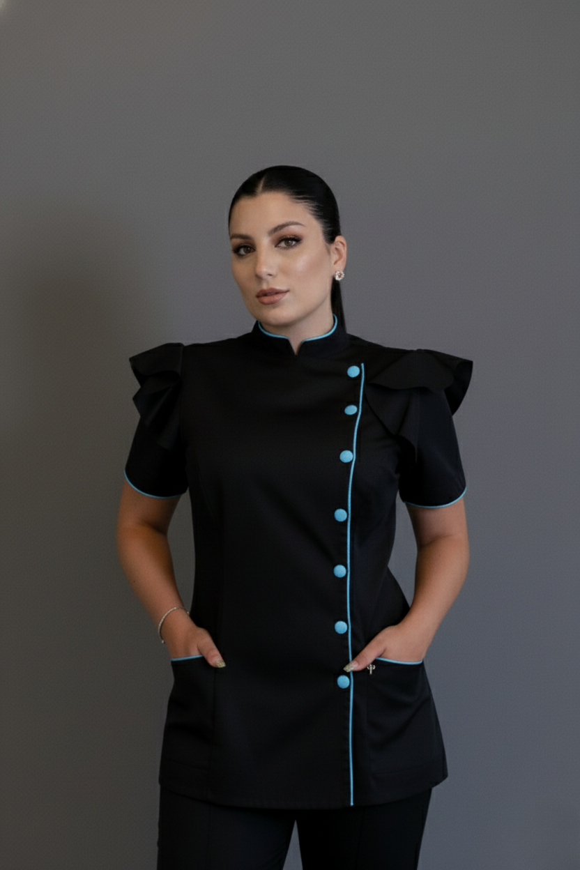 Dólmã Maysa 2 – Dólmã Feminina com Babados e Botões Contrastantes