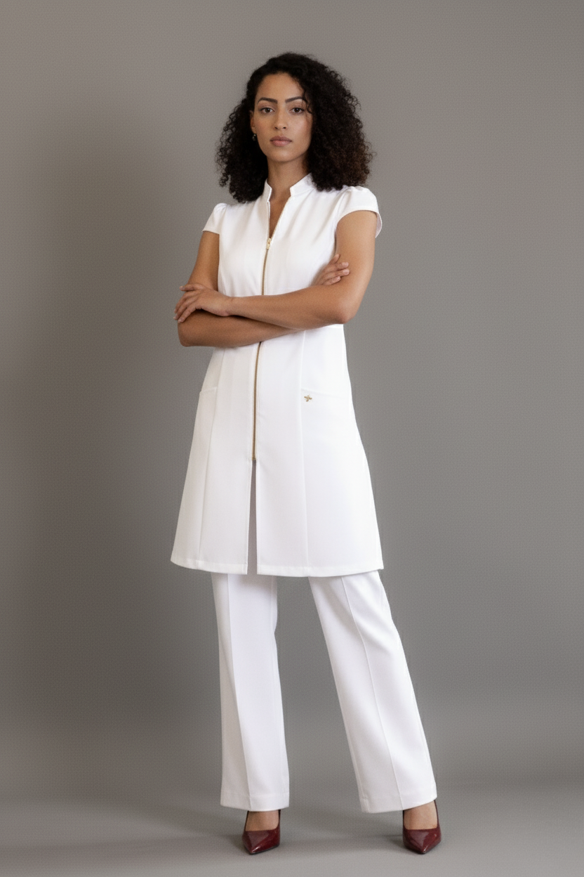 Jaleca Cereja – Jaleco Feminino sem Mangas com Zíper Frontal