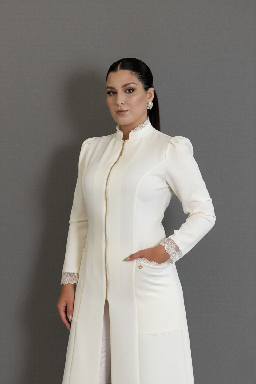 Jaleca Ellegance – Jaleco Feminino com Detalhes em Renda e Zíper Frontal