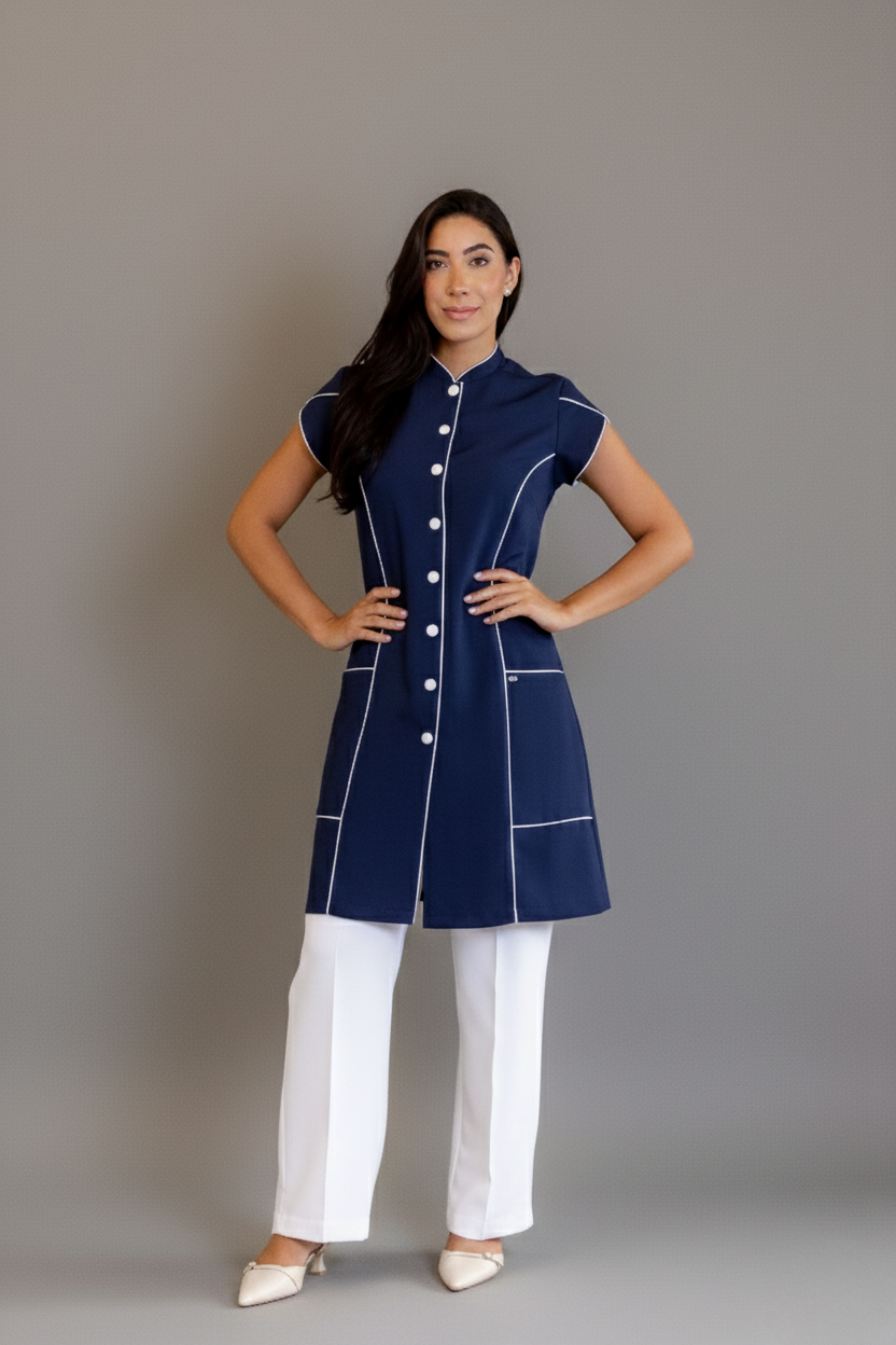Jaleca Layla – Jaleco Feminino Acinturado com Mangas Curtas