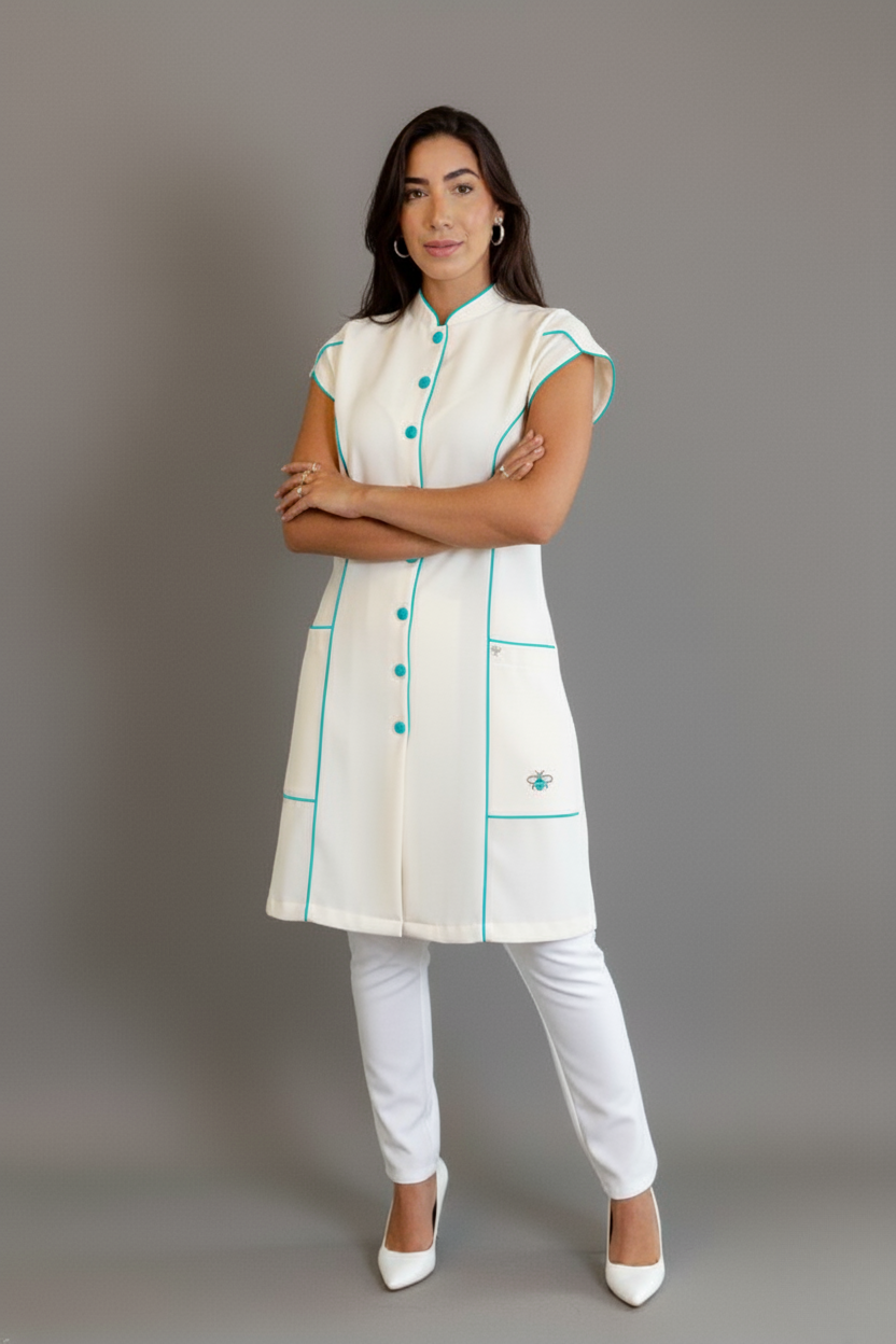 Jaleca Layla 1 – Jaleco Feminino Acinturado com Mangas Curtas