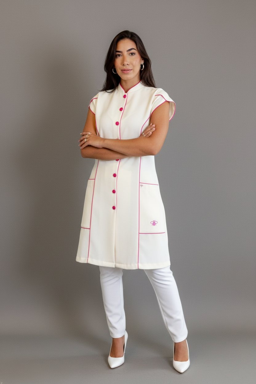 Jaleca Layla – Jaleco Feminino Acinturado com Mangas Curtas