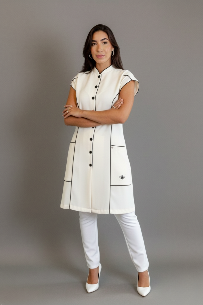 Jaleca Layla 1 – Jaleco Feminino Acinturado com Mangas Curtas