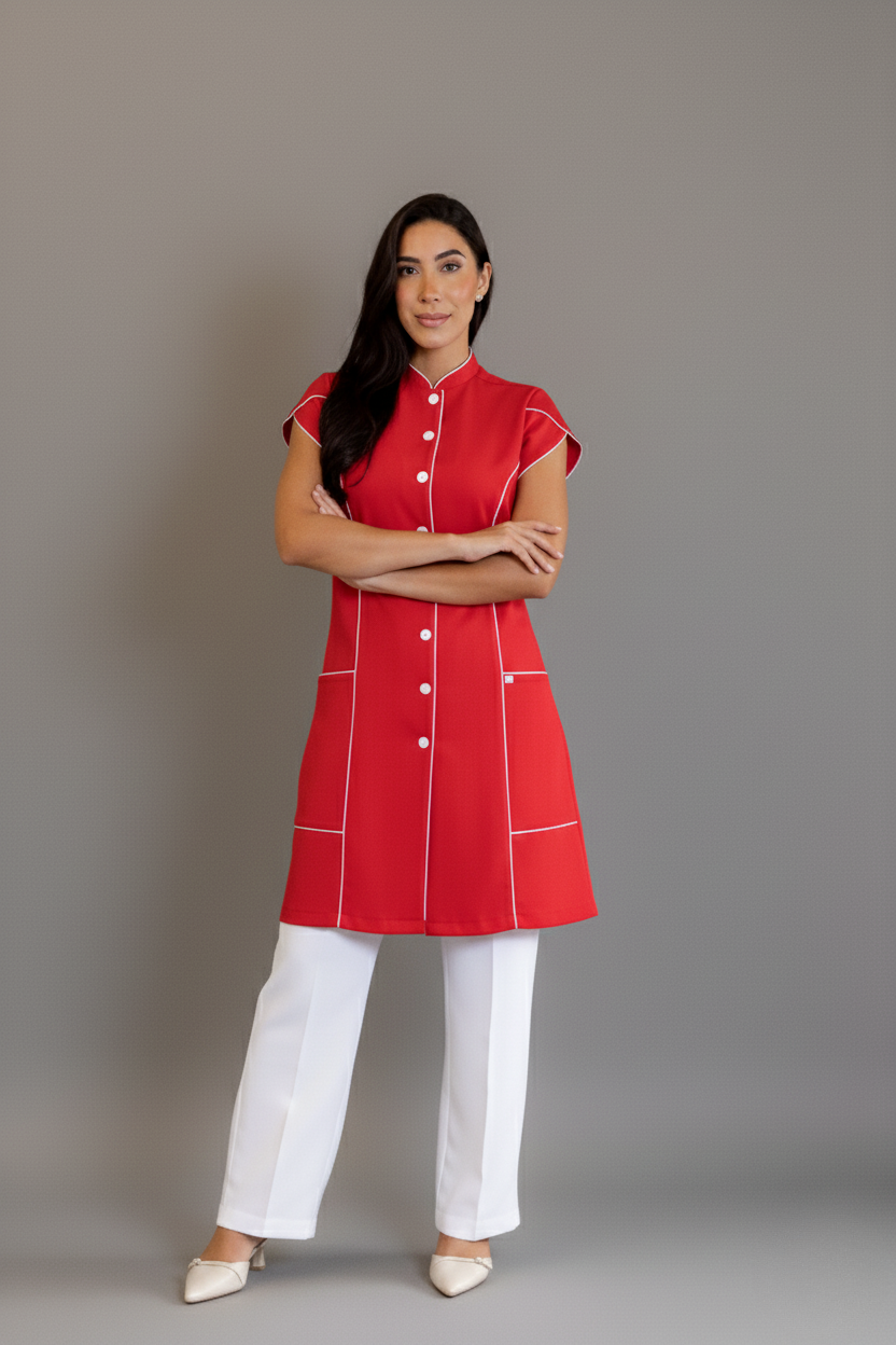 Jaleca Layla – Jaleco Feminino Acinturado com Mangas Curtas