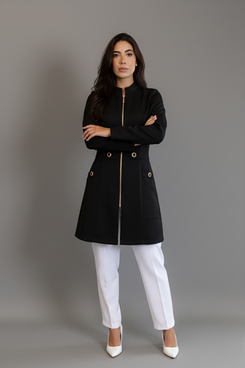Jaleca Marie – Jaleco Feminino com Zíper e Botões Decorativos