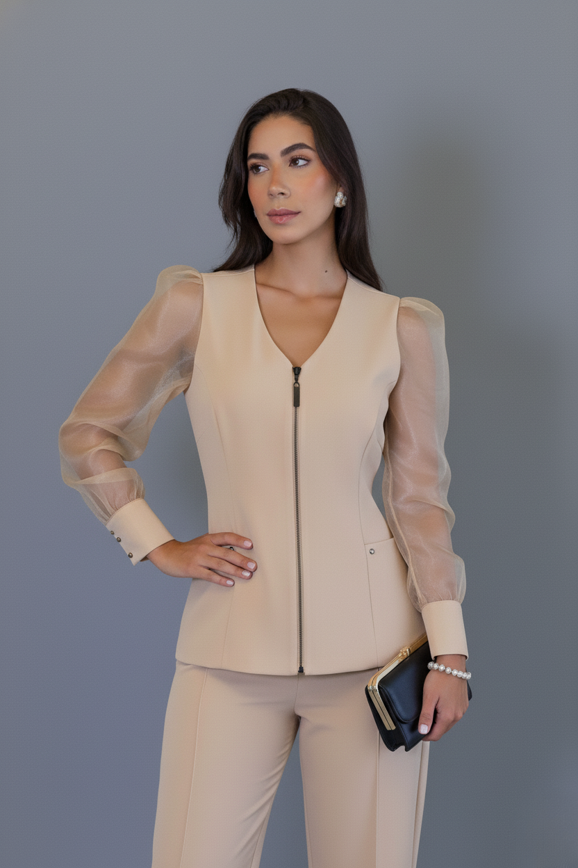 Scrub Pérola – Uniforme Profissional Feminino com Elegância e Mangas em Tule