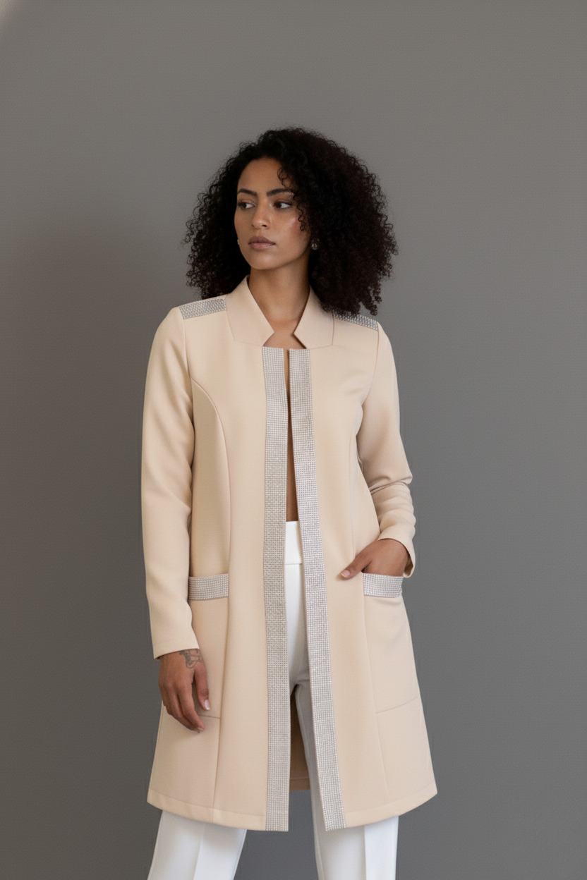 Jaleca Premium Aubrey: jaleco feminino elegante em branco, com aplicações brilhantes.