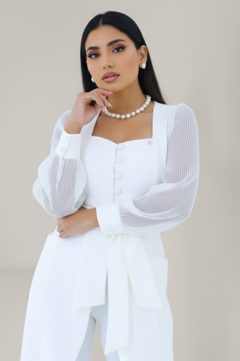 Jaleca Premium Jolie – Jaleco Feminino Branco com Mangas em Tule e Design Exclusivo
