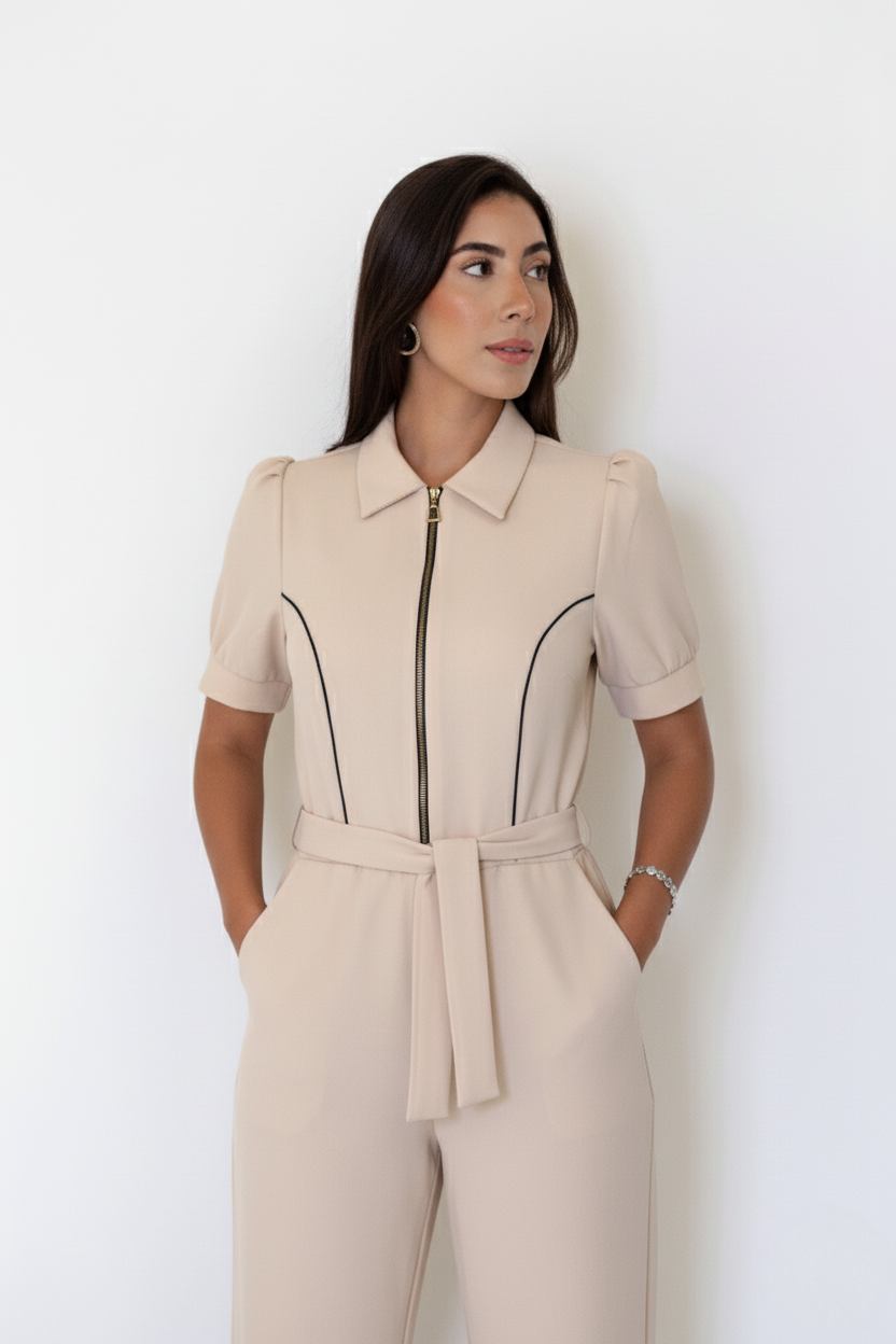 Macacão Leah – Uniforme Feminino Moderno com Zíper Dourado