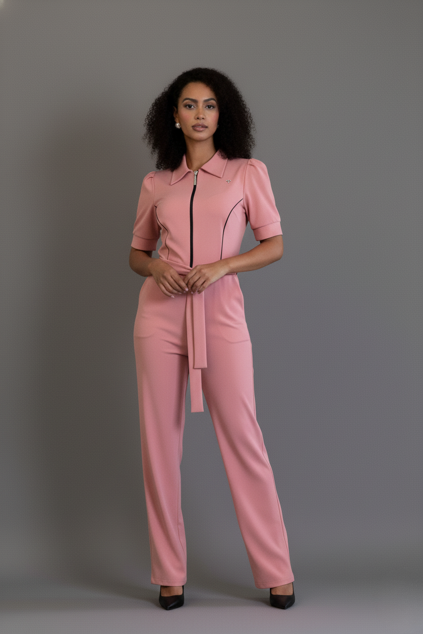 Macacão Zoe – Macacão Feminino de Trabalho com Zíper Frontal e Cinto Faixa