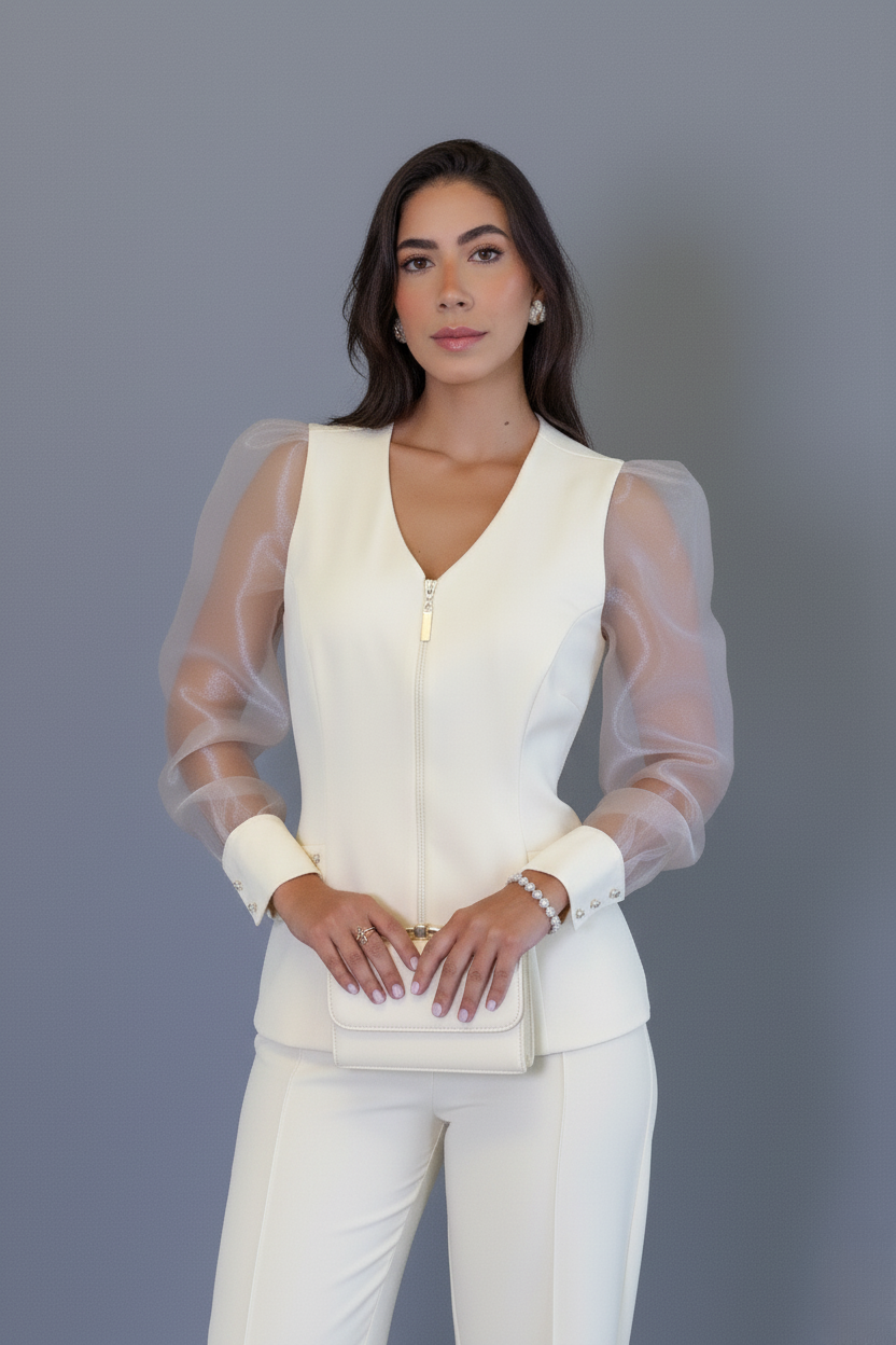 Scrub Pérola – Uniforme Profissional Feminino com Elegância e Mangas em Tule