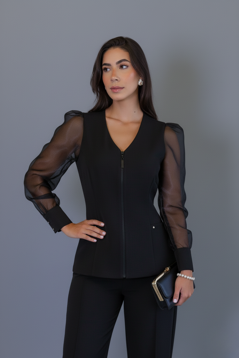 Scrub Pérola – Uniforme Profissional Feminino com Elegância e Mangas em Tule