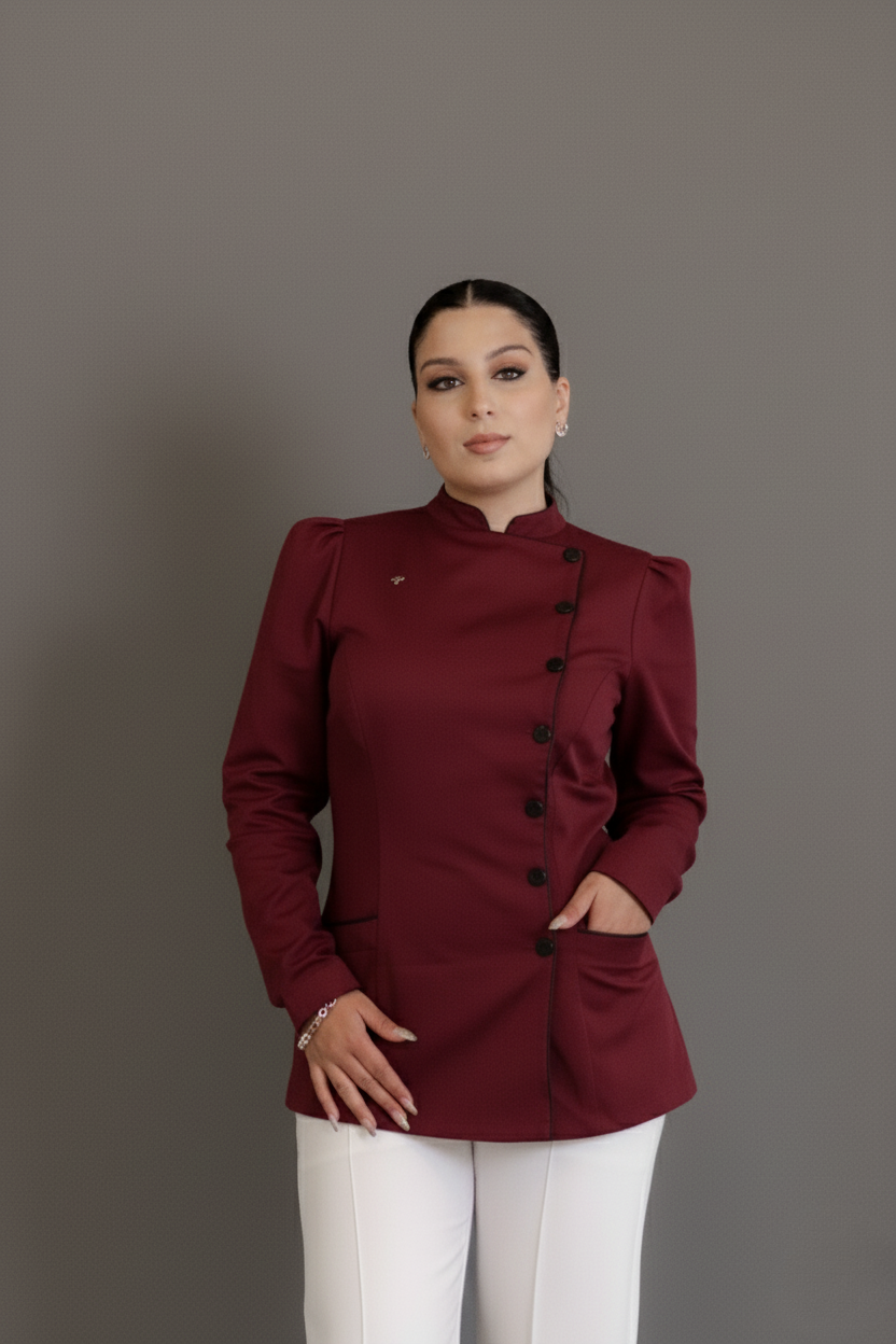 Dólmã Clara – Dólmã Feminina para Chef com Botões Contrastantes