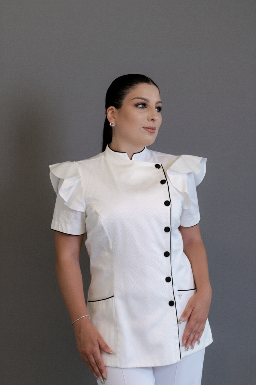 Dólmã Maysa 1 – Dólmã Feminina com Babados e Botões Contrastantes