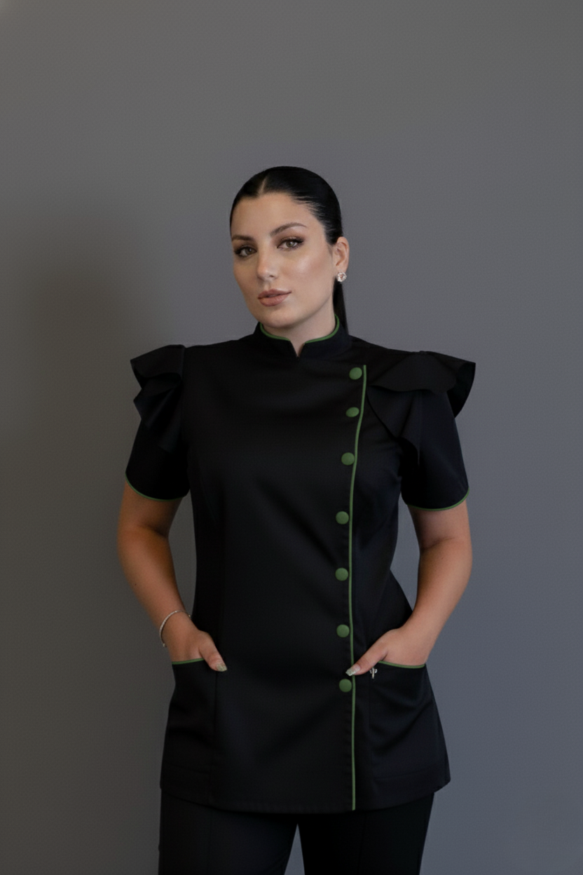 Dólmã Maysa 2 – Dólmã Feminina com Babados e Botões Contrastantes