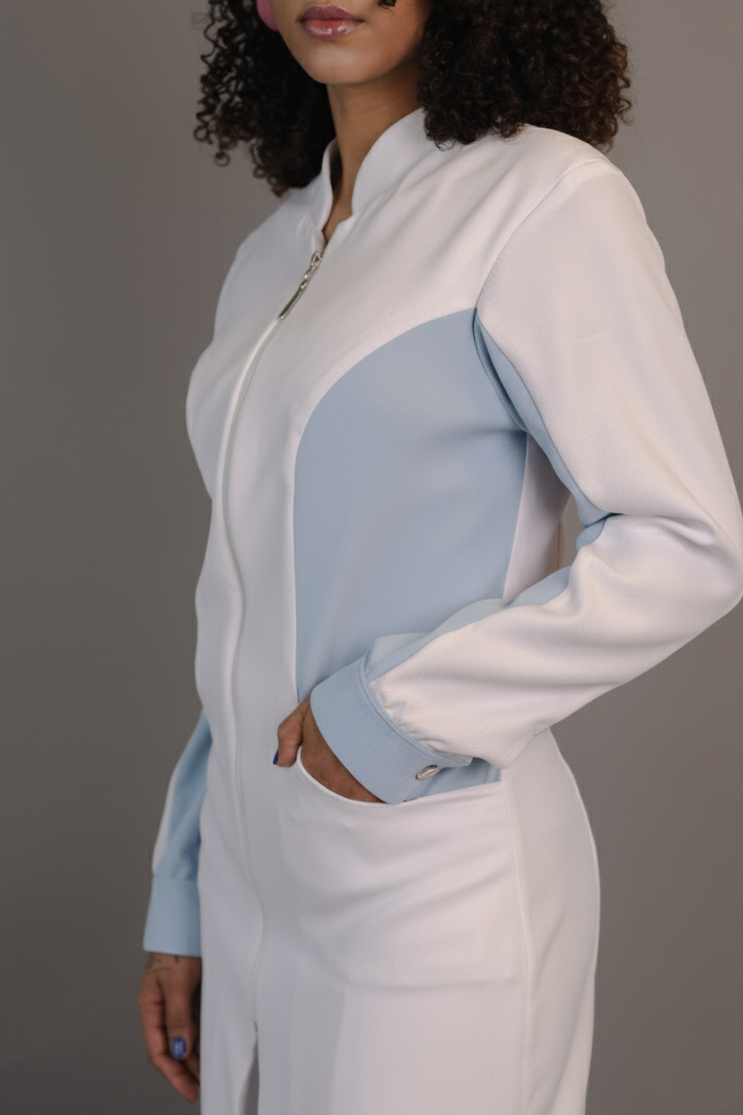 Jaleca Bicolor Feminina — recortes que afinam a silhueta