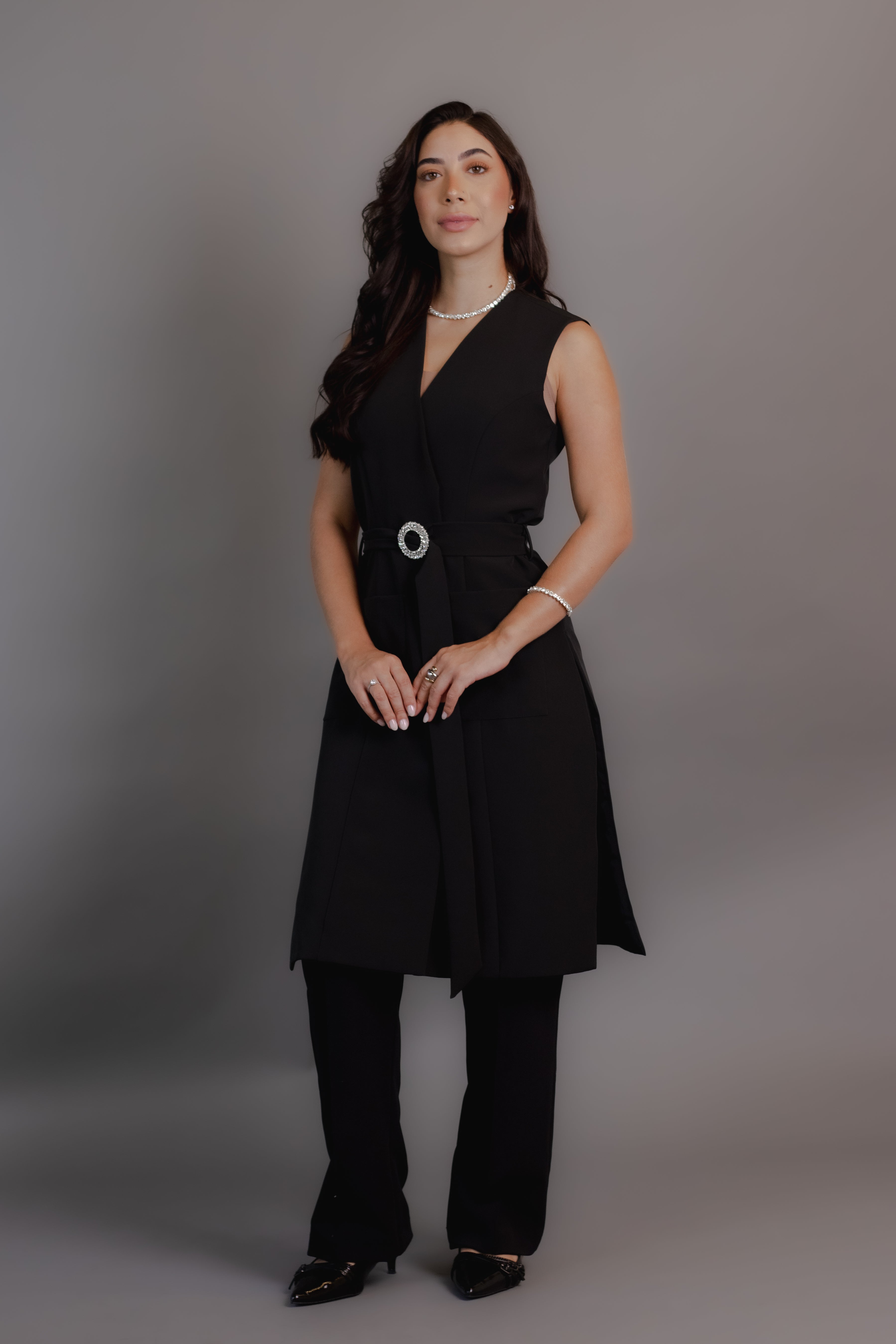 Jaleca Fran Feminina — alongada com cinto joia e bolsos